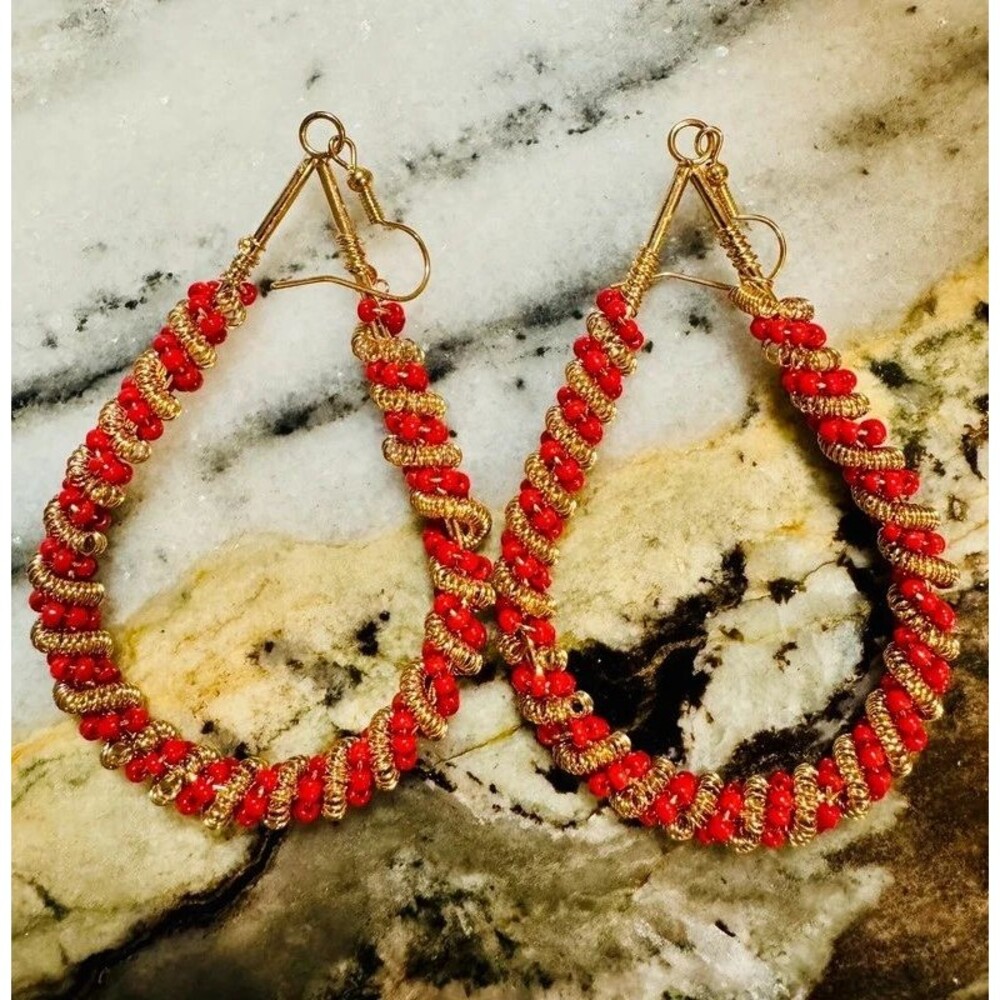 Red and Copper beaded dangle teardrop earrings